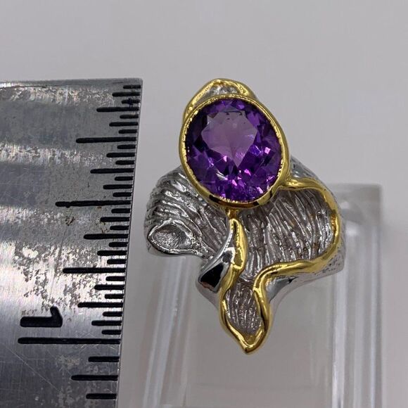 Ring, solid 925 sterling silver, 24 Karat gold, real amethyst, adjustabl… - Picture 6 of 15